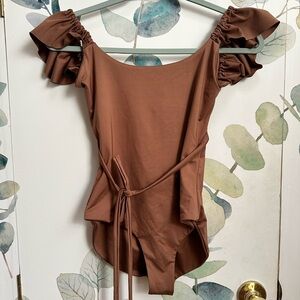 Brown Ruffled Sleeve One-Piece Swimsuit